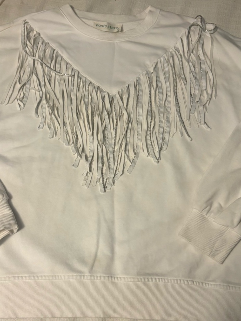 pants store White Fringe Crewneck Sweater